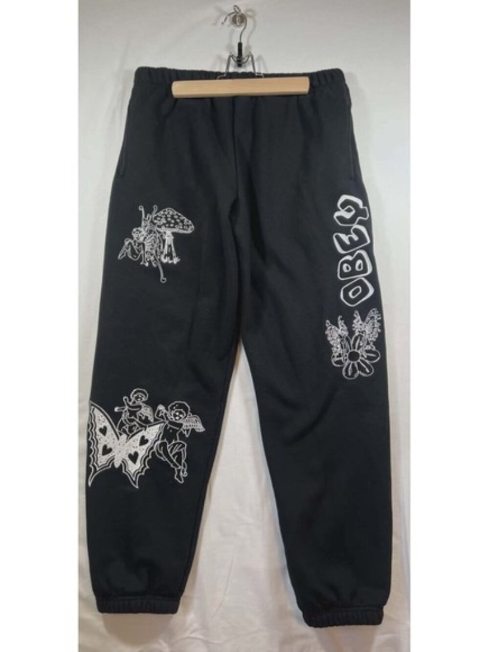 Obey Mens Black Graphic Sweatpants Butterfly‎ Cherub Mushroom Joggers unisex med